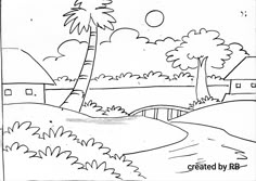 a coloring page with palm trees and houses in the background, along with a small bridge