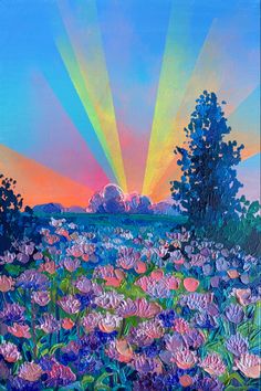 a painting of flowers and trees with the sun setting in the sky behind them on a sunny day