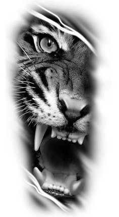 a black and white photo of a tiger's face with it's mouth open