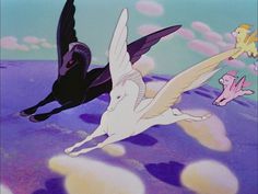 two black and white birds flying in the sky with pink clouds behind them on a purple background