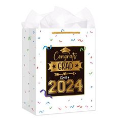 congratulations grad gift bag with confetti and streamers on the front, in white