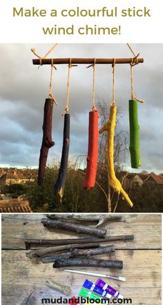 an assortment of colorful sticks hanging from a wooden pole with text overlay that reads make a colourful stick wind chime