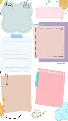 an assortment of paper and clippings on a white background with sun, clouds, flowers