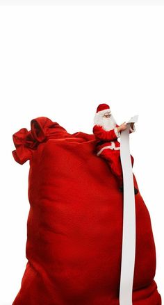 santa claus is sitting in a red bag with white ribbon around his neck and head