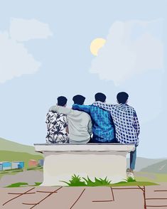 three men sitting on a bench looking at the sky