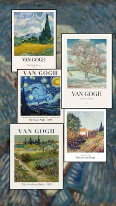 four van gogh paintings are on display in front of a blue and white background with the words van gogh written below them