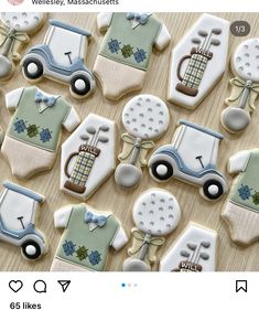 decorated cookies are arranged on a table with golf related items in the shape of shirts and tees