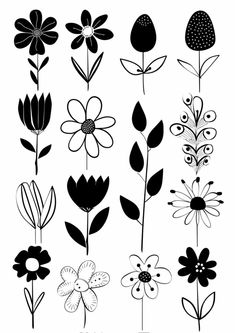 black and white flower silhouettes on a white background, each with different types of flowers