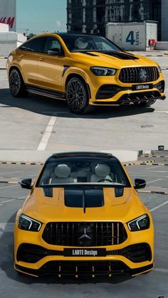 two yellow cars side by side in a parking lot