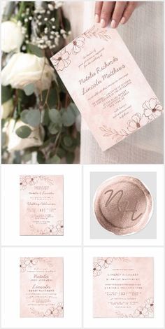 the wedding stationery is displayed with flowers