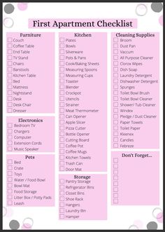 a pink checklist with the words'first apartment checklist'in black and white