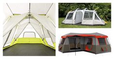 three different views of the inside of a tent with doors open and two tents side by side