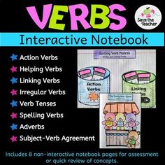 the verbs interactive notebook is shown with pictures and instructions for students to learn how to use