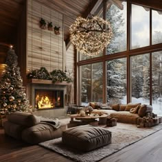 a living room filled with furniture and a fire place in front of a large window