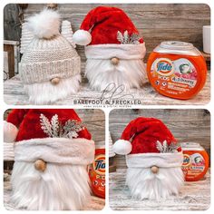 the santa claus hat is next to an orange canned drink and it's wrapped in snowflakes