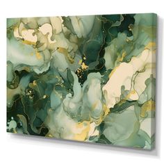 an abstract painting with green and gold paint on it's canvas wall art print