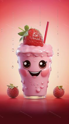 a strawberry milkshake with strawberries on the side and water droplets around it