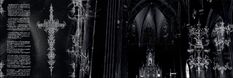 black and white photograph of gothic architecture with text on the front door, inside an old church