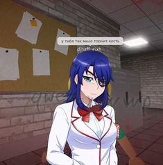 an anime character with blue hair wearing a white shirt and red bow tie standing in front of a brick wall