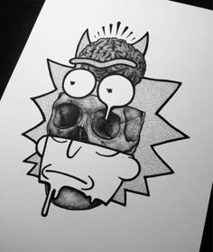 a black and white drawing of a man with a brain on his head wearing a hat