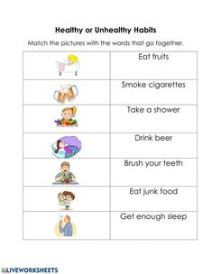 the worksheet for healthy or unhealthy habitts with pictures on it