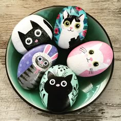 painted rocks with cats on them in a bowl