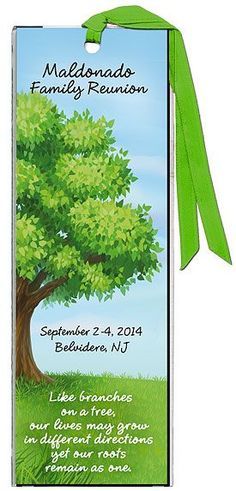 a bookmark with a tree on it and a green ribbon hanging from the front