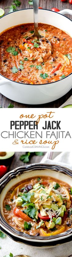 one pot pepper jack chicken fajita recipe in a white casserole dish