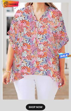 Multicolor Floral V Neck Half Sleeve Plus Size Blouse Multicolor Split Neck Top For Spring, Multicolor Split Neck Casual Top, Casual Multicolor Split Neck Top, Pink Short Sleeve Blouse With Colorful Pattern, Multicolor Floral Print Blouse With Split Neck, Pink Blouse With Colorful Pattern And Short Sleeves, Multicolor Split Neck Blouse With Floral Print, Casual Colorful Floral Print Blouse, Casual Colorful Floral Blouse