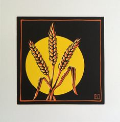 an image of two stalks of wheat on a black and yellow background