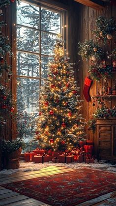 a decorated christmas tree in front of a window