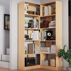 an open bookcase with many books on it in a living room next to a potted plant