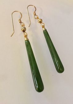 "These gorgeous grade A undyed jade smooth drop earrings are accented with gold plated beads and measure  2.25\" from 14k gold filled French ear hooks.  We also have these earrings available with sterling silver bead cap, beads and ,925 solid sterling silver ear wires . Thank you for visiting Lucy Isaacs Jewelry!" Sage Mode, Jewelry 2022, Jade Earrings, Earrings Elegant, Funky Jewelry, Jewelry Lookbook, Jade Carving, Jade Jewelry, Earrings Long