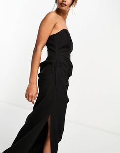 ASOS DESIGN corset bandeau maxi dress with ruched skirt in black | ASOS Bandeau Maxi Dress, Ruched Skirt, Bandeaus, Side Split, Trending Now, Color Trends, Sliders, Occasion Wear, Evening Gowns