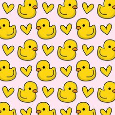 many yellow rubber ducks with hearts on a pink background