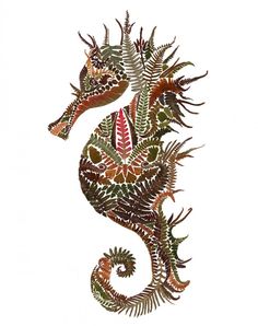 a drawing of a seahorse made out of plants