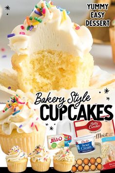 an advertisement for cupcakes with frosting and sprinkles