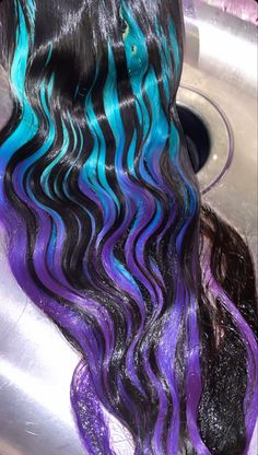 Long Black Hair Dye Ideas, Hairstyle Dye Ideas, Hair Color Ideas For Purple, Summer Color Wigs Black Women, Custom Hair Color, Colorful Tips Hair, Unique Hair Color Combos, Lisa Frank Hair Color, Black Blue Purple Hair