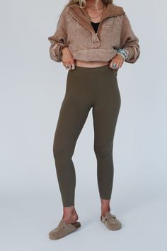 Everyone needs a comfy pair of leggings like the Best Basic Leggings., comfy, cozy, and on-the-go! So comfy, stretch, Cotton fabric Fitted, full-length, leggings silhouette Flattering high-rise waistband A must-have, comfy bottom! Pair with: High Neck Racerback Brami, Wrapped Up In Color Knit Cardigan and Dreamscape Layered Necklace. *Due to lighting and differences in monitors, actual colors may vary slightly from what appears online. Model is 5'8" and wearing a size Small. Approximate measurem Boho Essentials, Bralette Outfit, Basic Leggings, Stretch Cotton Fabric, Comfy Pants, Comfy Cozy, Layered Necklace, Bottom Clothes, New Tops