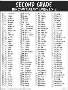 the second grade word list is shown in black and white, with words below it