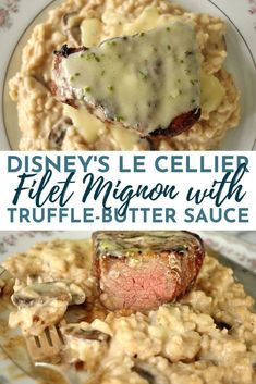 there is a plate with food on it and the words disney's le cellier fill