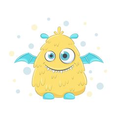 a yellow monster with blue wings and big eyes