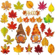 an image of fall leaves and gnomes on white background with words hello fall written in the middle