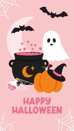 a halloween card with a caulder and pumpkins