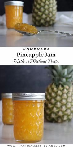 homemade pineapple jam in a jar with a spoon