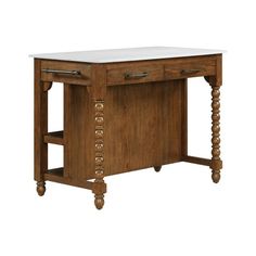 a wooden desk with two drawers on one side and a marble top on the other