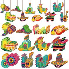 an assortment of colorful mexican decorations hanging from strings on a white background with clippings