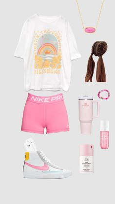 Preppy Nike Shorts Outfit, Pink Nike Pros Outfit, Middle School Fashion 2023, Cute Outfits With Nike Pros, Nike Pros Outfit, Preppy Baddie, Hawaii Tips, Nike Stuff, Clothes School