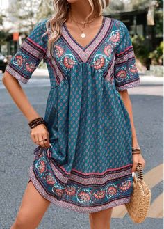 Color:Turquoise;Size:S;Size:M;Size:L;Size:XL;Size:XXL;Package Contents:1 X Dress;Occasion:Sport; Holiday Dresses Women, Boho Tunic Dress, Midi Short Sleeve Dress, Midi Dress Summer, Line Dress, Boho Casual, Versatile Dresses, Curve Dresses, Blue Midi Dress