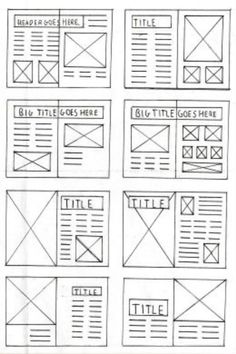 a bunch of different web pages that are drawn in black and white ink on paper